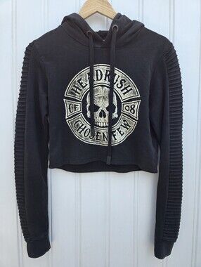 Headrush Cropped Graphic Skull Hoodie Black Womens XXS
